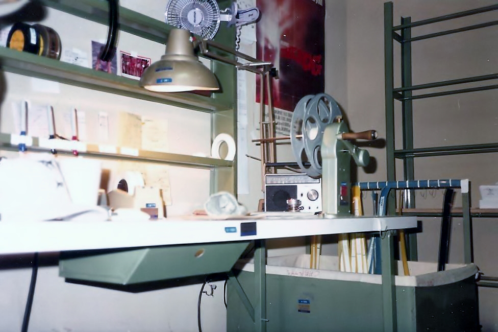 Joe's editing bench at Owenby. Notice the mono radio at the right end of his bench.