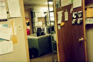The view from inside Joe's editing room at Owensby. Notice the full trim bin and rack in BG with Kem roll boxes.