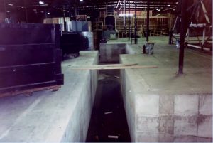 The concrete channels to be filled with rushing water from tanks for the flooding scenes.