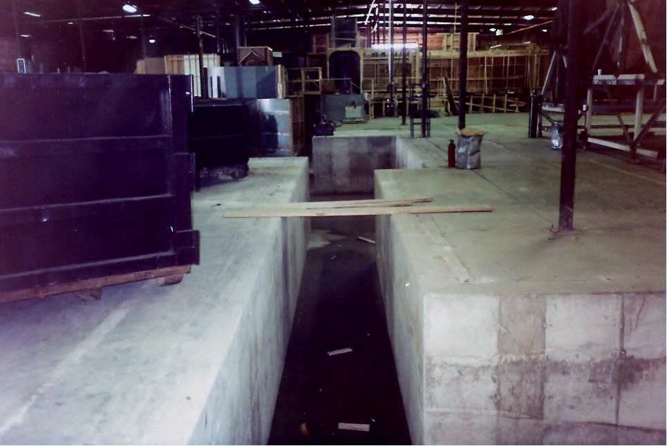 The concrete channels to be filled with rushing water from tanks for the flooding scenes.