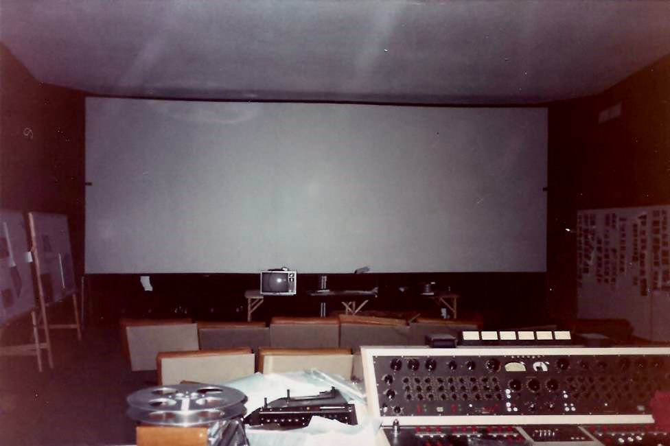 The Owensby Screening room. A 65MM film reel on it's side in FG.