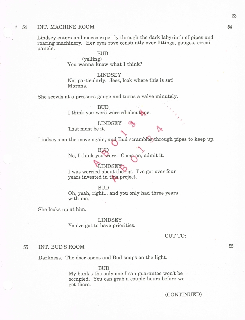 A page of Joe's assigned script with his I.D. number stamped across it in red print to deter copying.